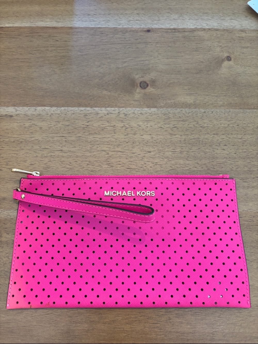 Michael Kors Bright Pink Perforated Wristlet with Gold Hardware